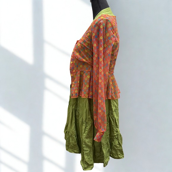 Italian 100% Linen‎ Dress with Sheer Floral Overlay Cottagecore / Fairycore - Picture 3 of 6